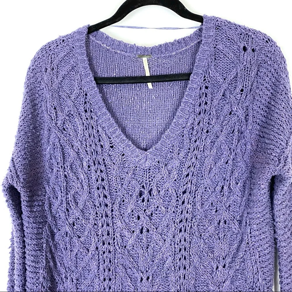 Free People Purple Openwork V-Neck Knit Sweater